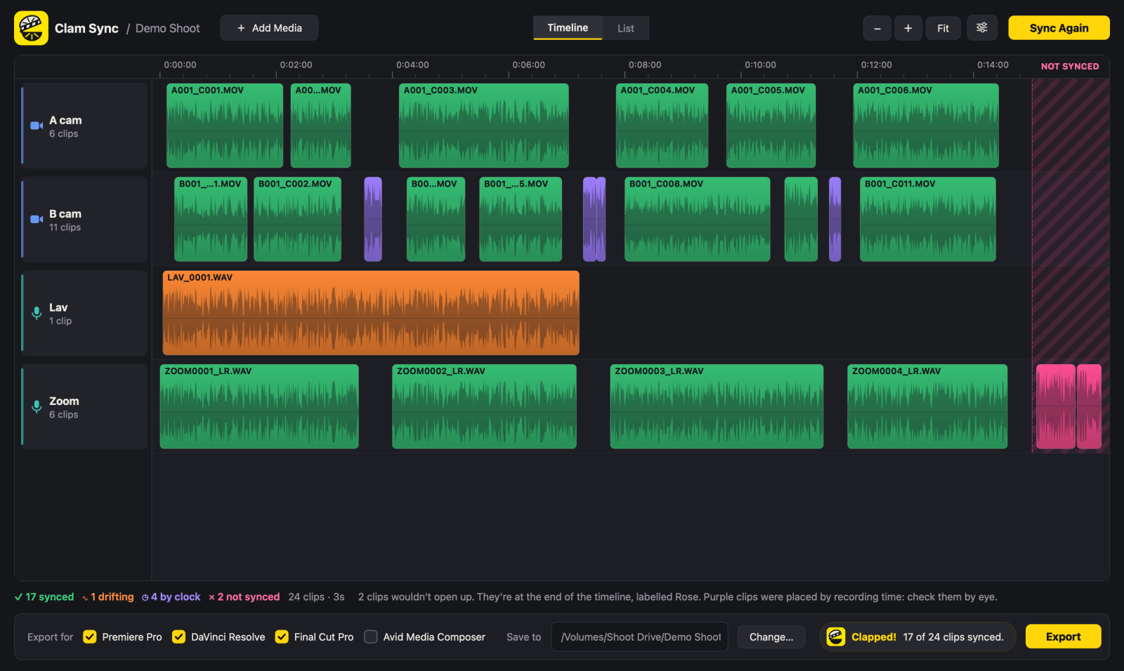 Clam Sync after syncing: two cameras and two recorders lined up on one timeline, clips coloured by how they were synced