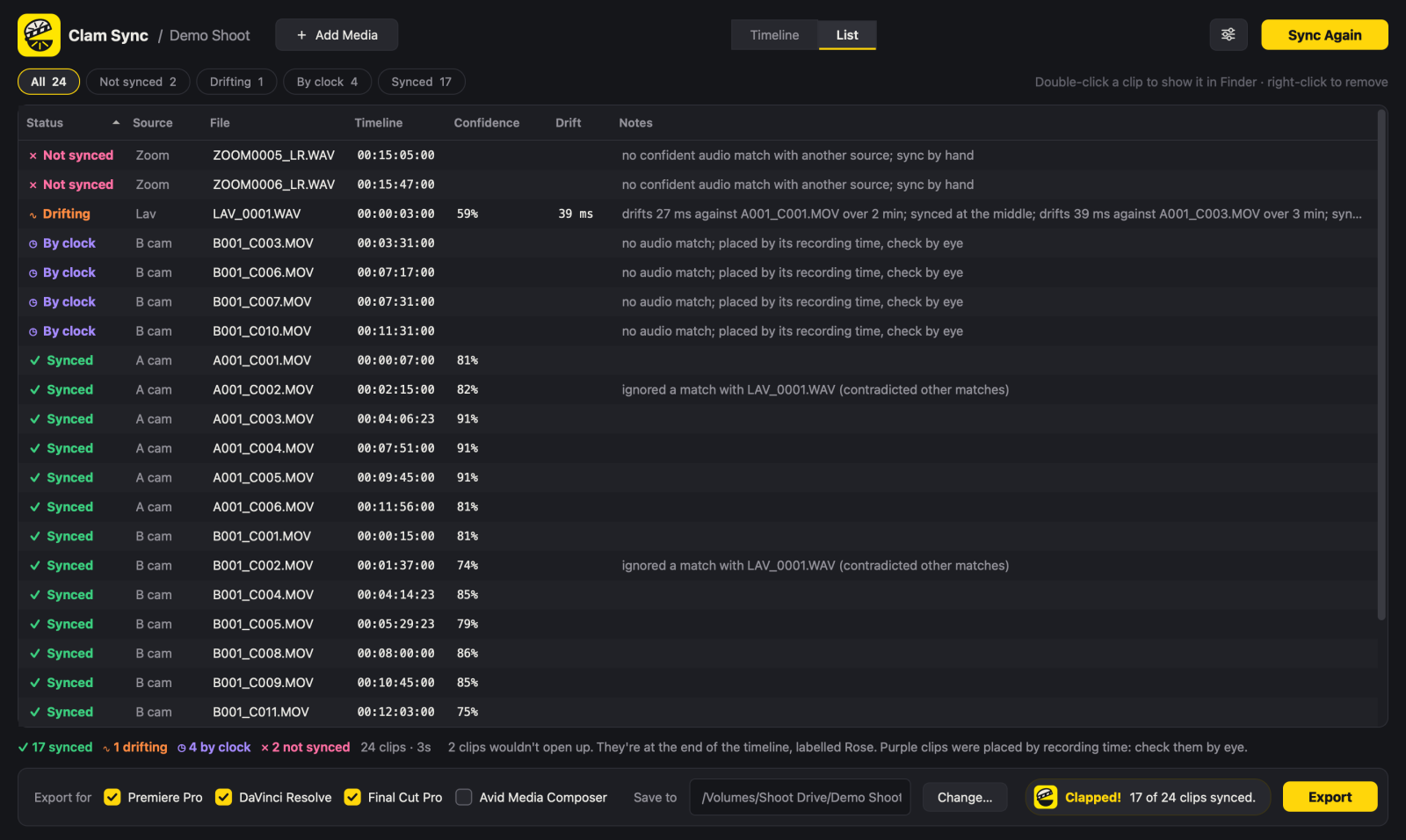 The list view: every clip with its status, source, timeline position, confidence and notes