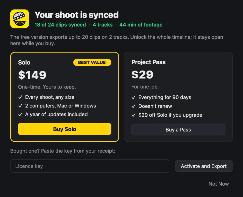 The unlock window: the sync result, Solo and Project Pass side by side, and a box for the licence key
